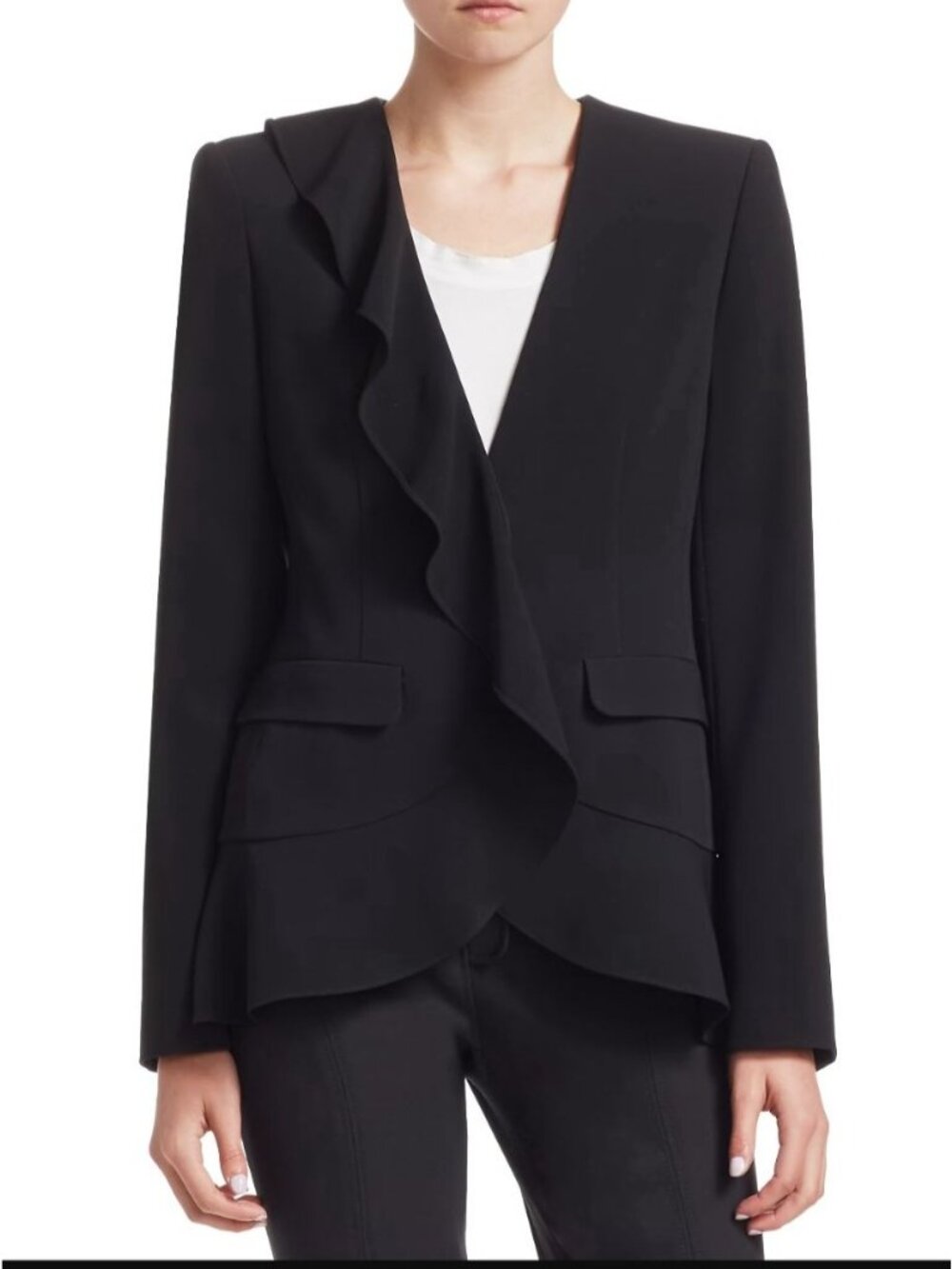 Cinq à Sept Lanier Ruffle Blazer Black Size 2 Cascading Asymmetrical Jacket EUC